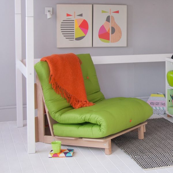 futon chair bed with lime green upholstered mattress and orange button detailing