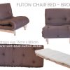 brown futon chair bed with blue buttons.