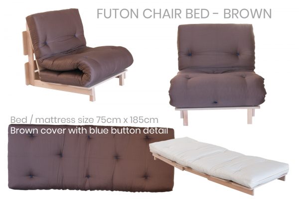 brown futon chair with blue buttons, folds out into a bed