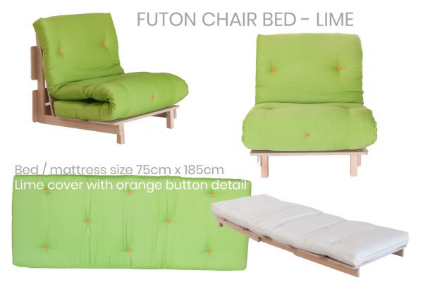 Lime green futon chair bed with orange buttons, shown as chair and as single bed