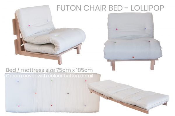 Lollipop futon chair bed - cream futon cover with multicoloured buttons