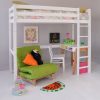 kids white loft bed with scandi desk and lime green futon, toucan and bright accessories