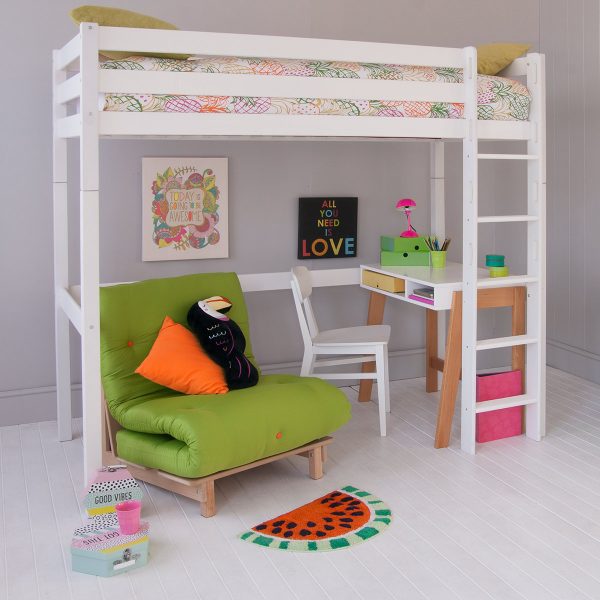 kids white loft bed with scandi desk and lime green futon, toucan and bright accessories