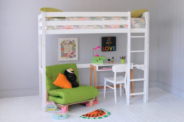 High sleeper loft bed in Ivory White with full length desk underneath, in a Scandi bedroom
