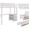 White high sleeper loft bed with storage and fold out futon chair bed