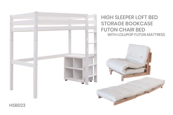 White high sleeper loft bed with storage and fold out futon chair bed