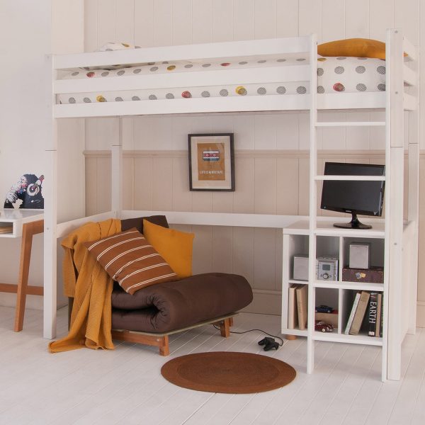 High sleeper loft bed in Ivory White with full length desk underneath, in a Scandi bedroom