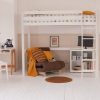 panelled room with white loft bed and brown futon and storage underneath