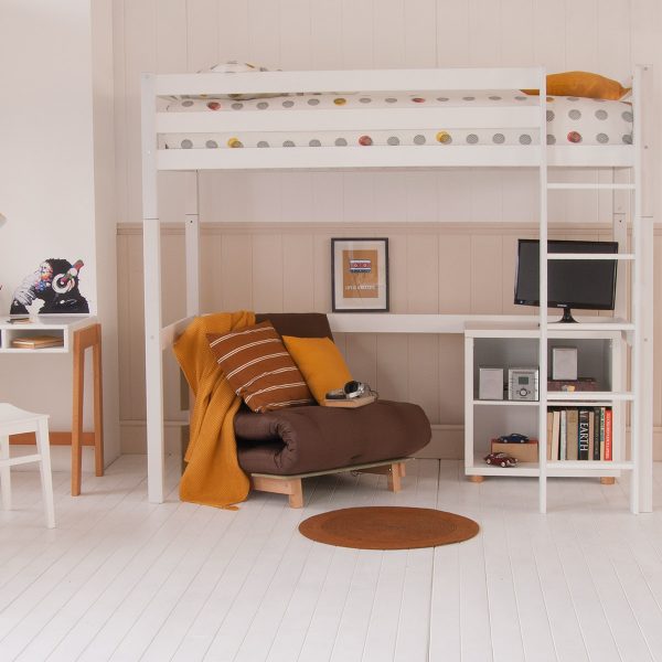 panelled room with white loft bed and brown futon and storage underneath