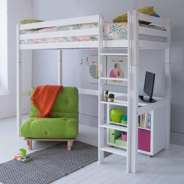 white high sleeper loft bunk bed in contemporary bedroom, with storage and futon underneath