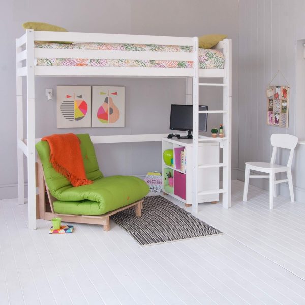 High sleeper loft bed in Ivory White with full length desk underneath, in a Scandi bedroom