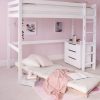 white loft bed with unfolded futon and chest of drawers underneath