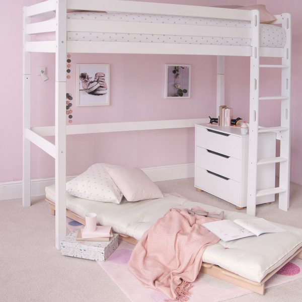 white loft bed with unfolded futon and chest of drawers underneath