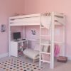 white high sleeper loft bunk bed in pink girly bedroom, with storage and futon underneath