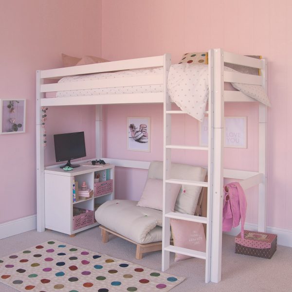 white high sleeper loft bunk bed in pink girly bedroom, with storage and futon underneath
