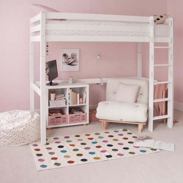 High sleeper loft bed in Ivory White with full length desk underneath, in a Scandi bedroom