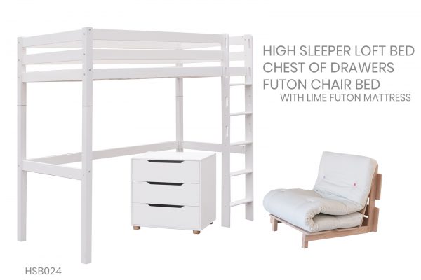 Classic Beech High Sleeper Bed with Futon Chairbed and Chest-4718