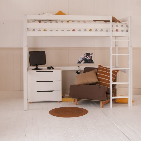 High sleeper loft bed in Ivory White with full length desk underneath, in a Scandi bedroom
