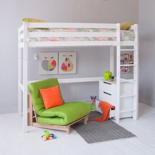 High sleeper loft bed in Ivory White with full length desk underneath, in a Scandi bedroom