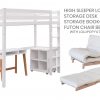 white high sleeper loft + futon chair bed + storage + desk