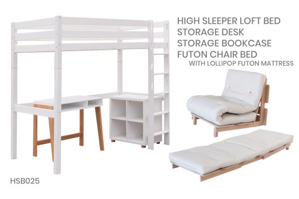 white high sleeper loft + futon chair bed + storage + desk
