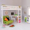 White high sleeper loft bed with futon chair bed, storage and desk in a bedroom with bright colours