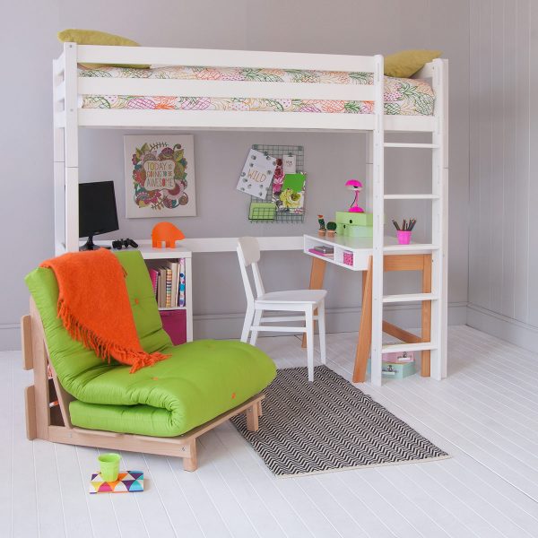 High sleeper loft bed in Ivory White with full length desk underneath, in a Scandi bedroom