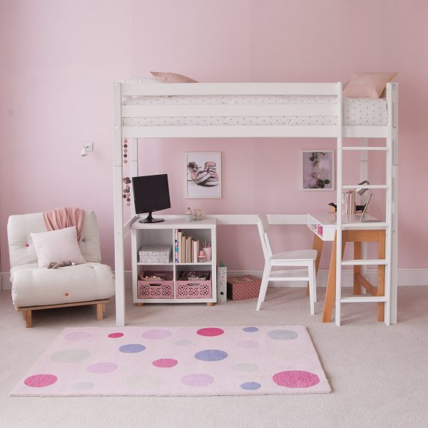 High sleeper loft bed in Ivory White with full length desk underneath, in a Scandi bedroom