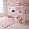 pink bedroom with white high sleeper and full length desk underneath