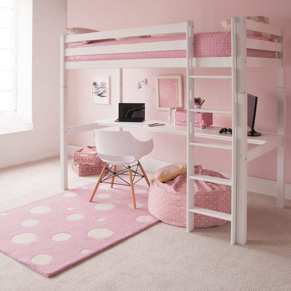 pink bedroom with white high sleeper and full length desk underneath