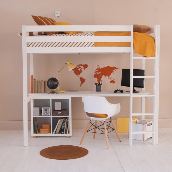 High sleeper loft bed in Ivory White with full length desk underneath, in a Scandi bedroom