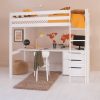 white loft bed with storage and full length desk