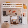 white high sleeper bed with upright ladder, full length desk, chest and storage underneath