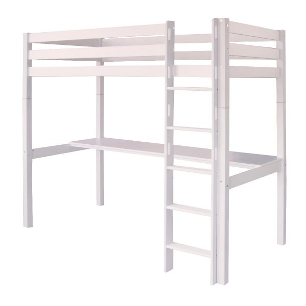 white Classic Beech high sleeper bed with full length desk under