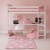 white loft bed in pink bedroom with full length desk under bed