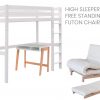 white high sleeper loft bed with a desk underneath and futon chair bed, no background