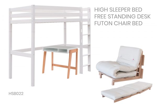 white high sleeper loft bed with a desk underneath and futon chair bed, no background