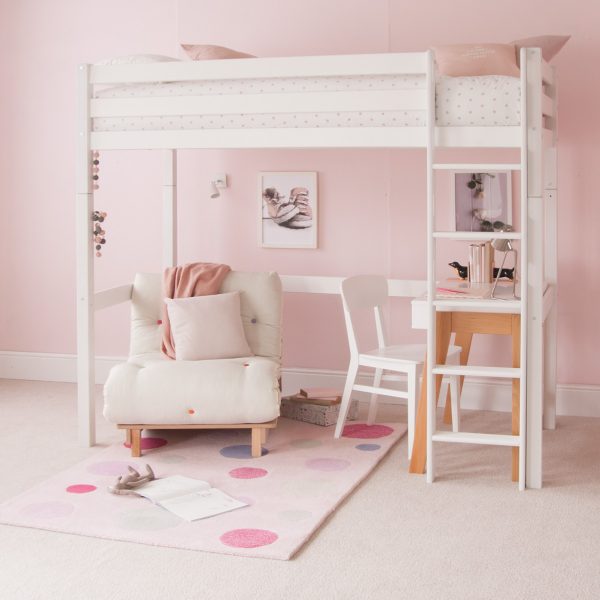 High sleeper loft bed in Ivory White with full length desk underneath, in a Scandi bedroom