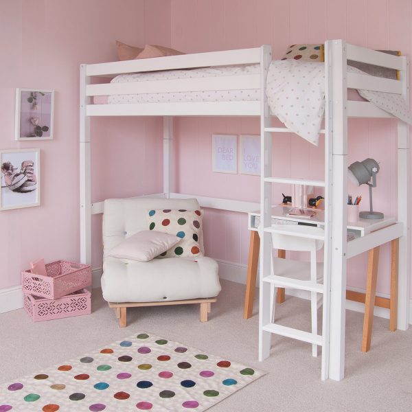 Classic Beech High Sleeper Bed with Desk and Futon Chair-4702