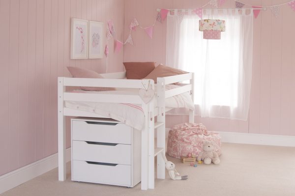 Classic beech painted sturdy mid sleeper for kids, with a chest of drawers underneath in a pink girls room.