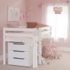 Classic beech painted sturdy mid sleeper for kids, with a chest of drawers underneath in a pink girls room.