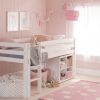 White Classic beech sturdy and solid mid sleeper bed with a storage bookcase underneath, in a pink girls room.