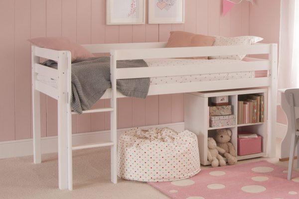 Multifunctional mid sleeper midi bed for kids in white, with den space underneath and a storage unit.