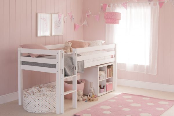 White Classic beech sturdy and solid mid sleeper bed with a storage bookcase underneath, in a pink girls room.